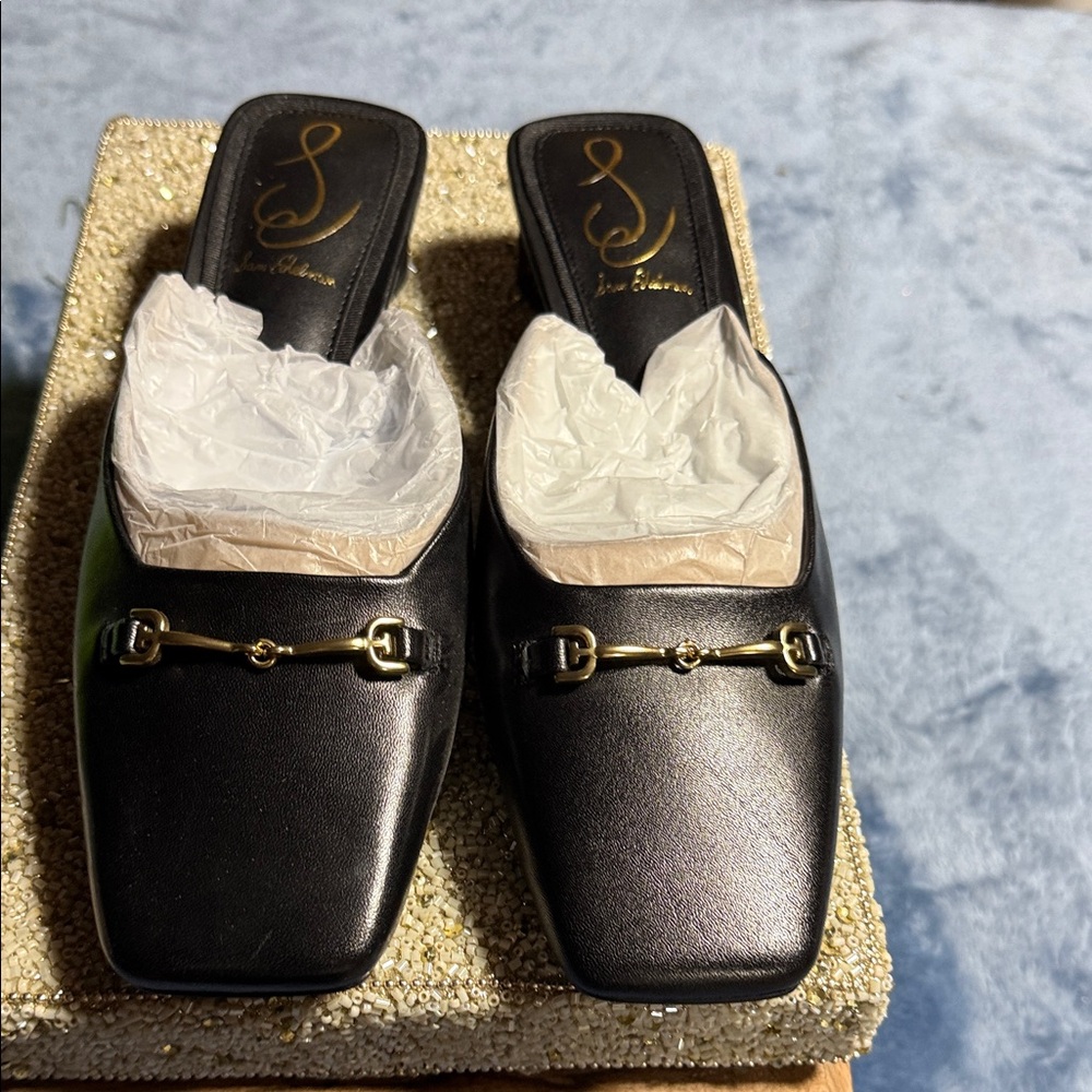 Sam Edelman Black Leather Mules with Gold Bit Accent
